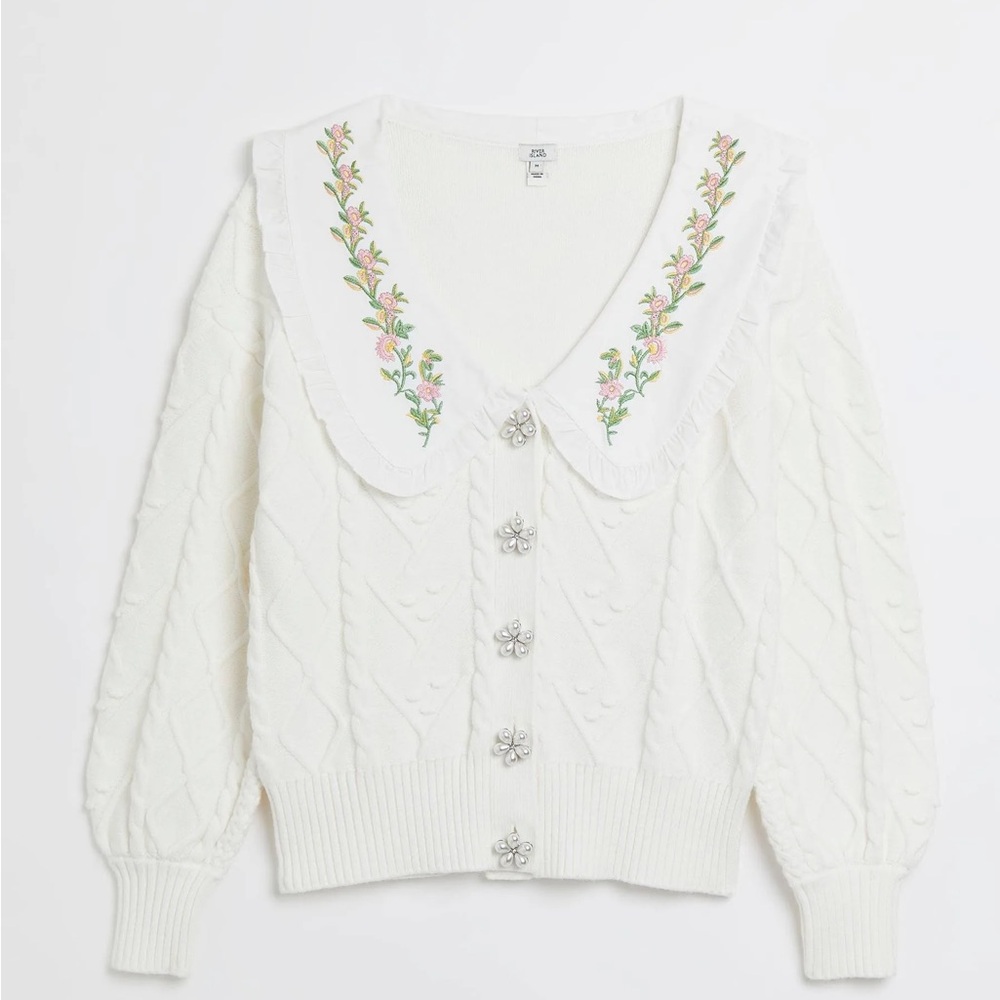 River Island Embroidered Ruffle Collar Cardigan Sweater